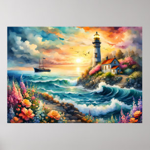 Póster Faro jardín floral en el mar