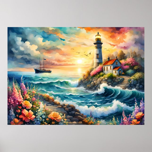 Póster Faro jardín floral en el mar (Frente)