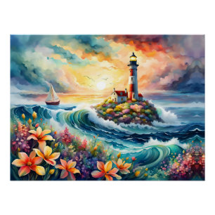 Póster Faro Marítimo Barco Floral Belleza Acuarela