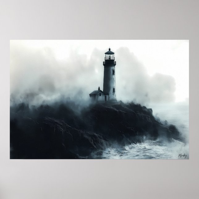 Póster Faro Místico entre Olas del Océano – Carbón (Frente)
