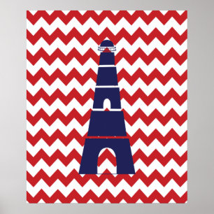 Póster Faro náutico rojo y azul de Chevron