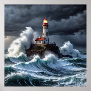 Póster Faro Ocean Storm Majestic Wave poderosa