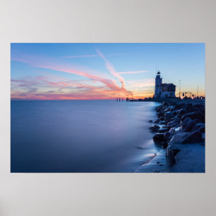 Póster Faro Paard van Marken en un amanecer azul