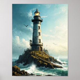 Póster Faro pacífico con gaviota en el mar del norte