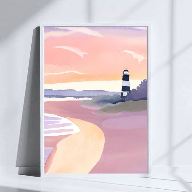 Póster Faro pastel | Acuarela de la costa de la playa (Subido por el creador)