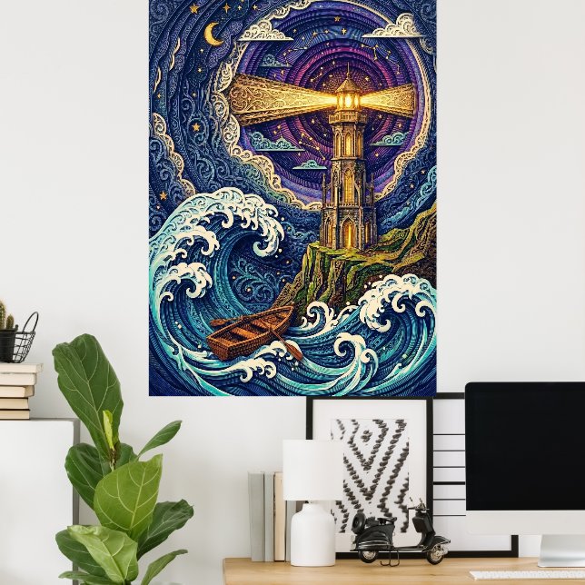Póster faro por la noche con olas (Oficina en casa)