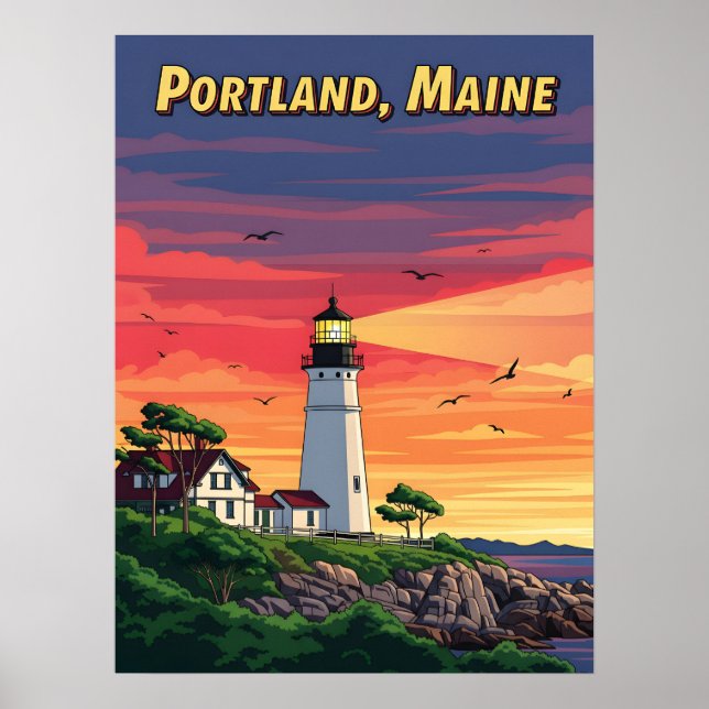 Póster Faro Portland Maine al atardecer (Frente)