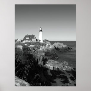 Póster Faro principal blanco y negro de Portland