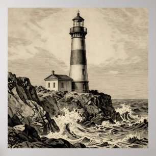 Póster Faro rayado vintage Costa tormentosa 