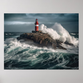 Póster Faro rodeado de olas