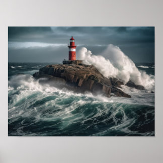 Póster Faro rodeado de olas