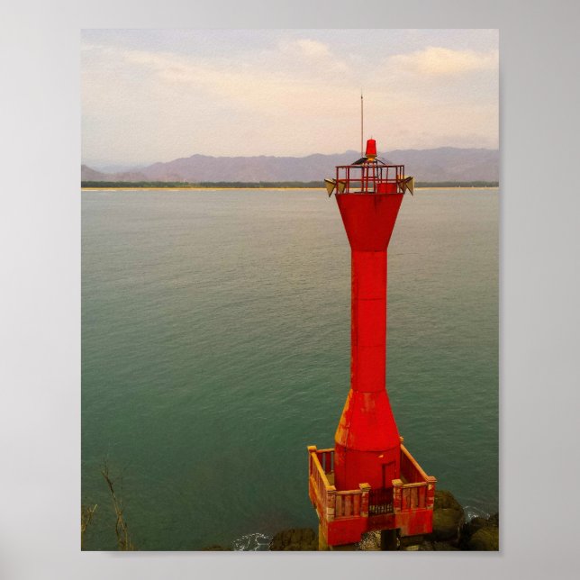 Póster Faro rojo antiguo en el marco derecho (Frente)
