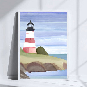Póster Faro Rojo   Pintura Acuarela del Océano Costero