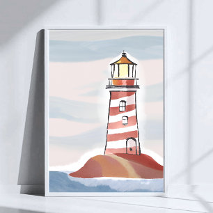 Póster Faro rojo y blanco   Acuarela de agua del océano d