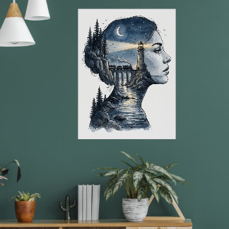 Póster Faro Soñador en la Mente de una Mujer – Noche Surr