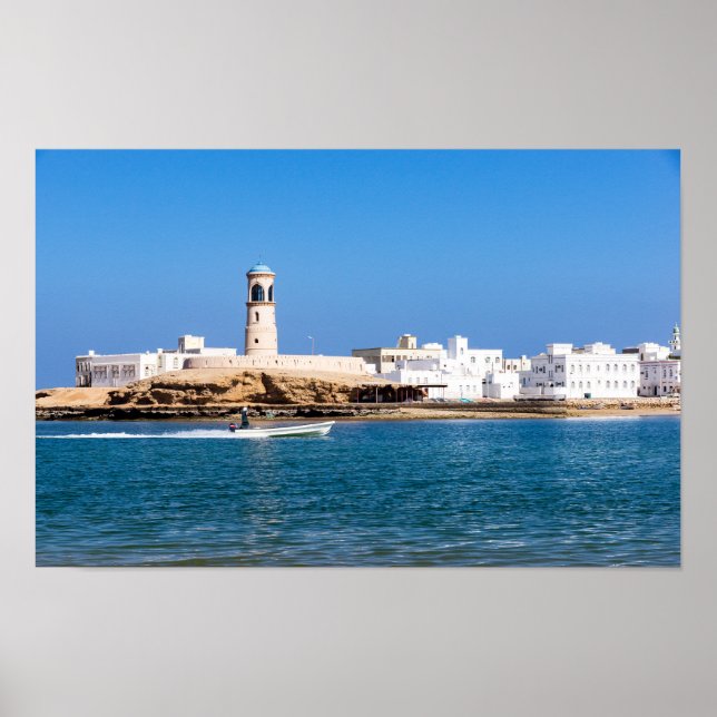 Póster Faro Sur con barco de pescador - Sur, Omán (Frente)