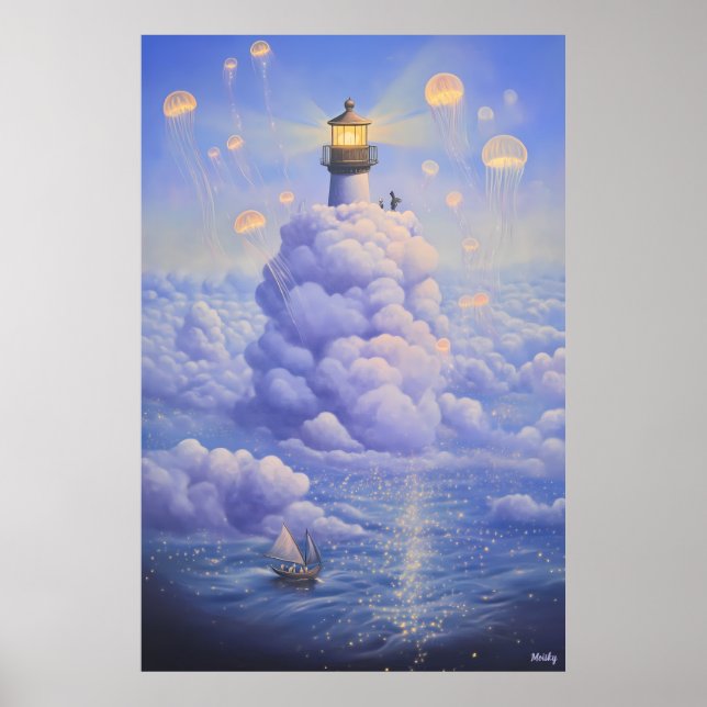 Póster Faro surrealista en las nubes y medusas (Frente)