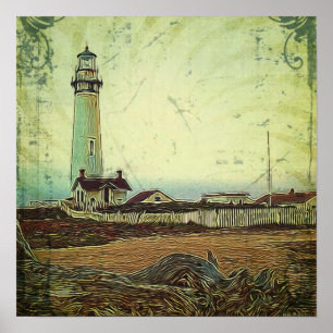 Póster faro vintage de pintura al óleo marino