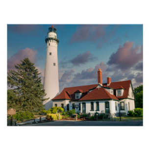 Póster Faro Wind Point en el lago Michigan