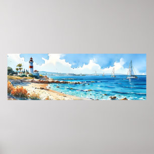Póster Faro y yates mediterráneos en el gran paisaje mari