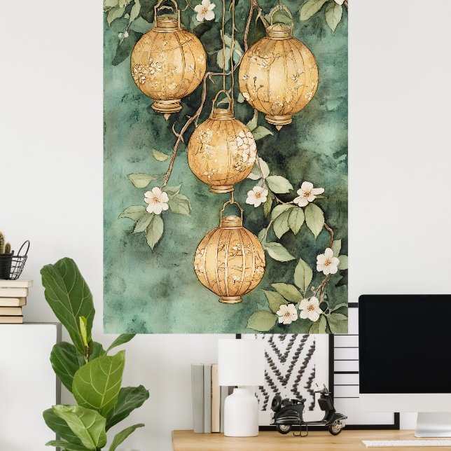 Póster Faroles asiáticos tradicionales colgando de la ram (Oficina en casa)