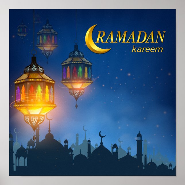 Póster Faroles de colores azules de Ramadán (Frente)