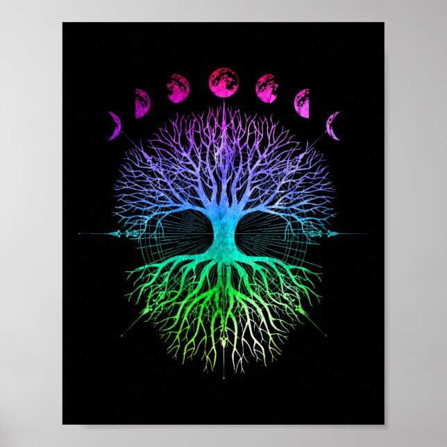 Póster Fases De La Luna Árbol De La Vida Hippy (Frente)