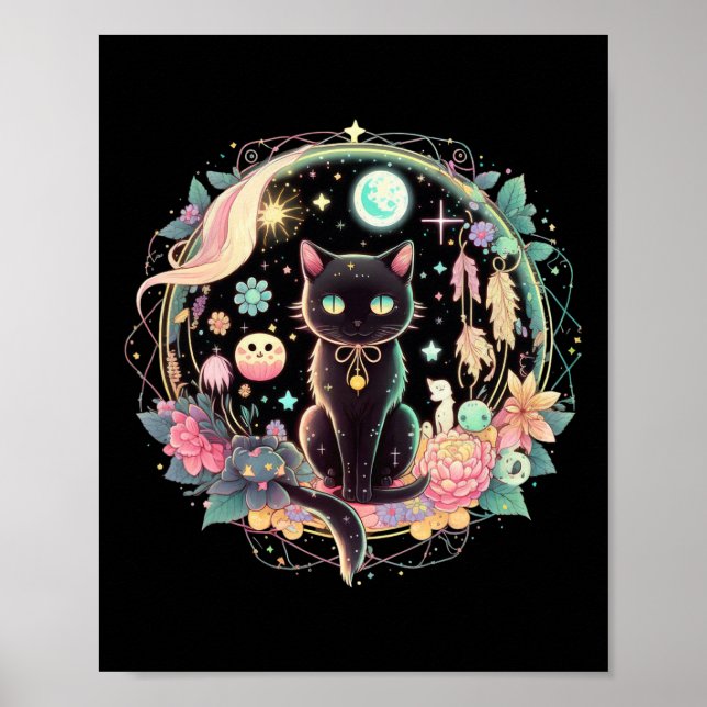 Póster Fases de la luna Crystal Witchen Cute Gato Negro K (Frente)
