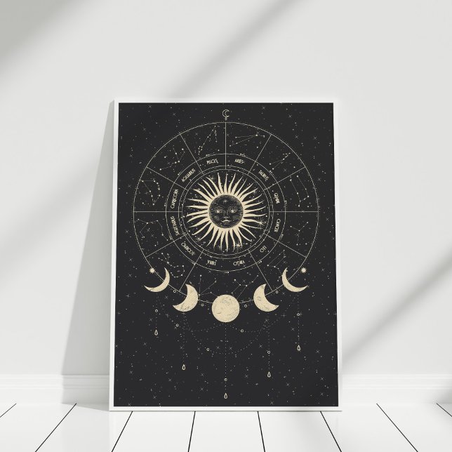 Póster Fases de la luna de zodiaco negro y beige boho (Boho Black and Beige Zodiac Moon Phases Poster in a white frame against white wall.)