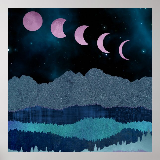 Póster Fases de la Luna Rosa Paisaje (Frente)