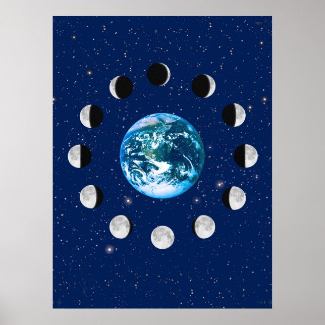 Póster Fases de la Tierra y la Luna, sobre un fondo de es (Frente)