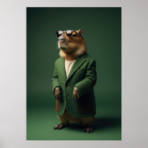 Póster Fashionable Capybara in Green Coat Art