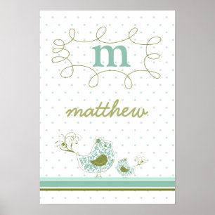 Póster fatfatin Blue Swirly Mom & Baby Bird Bird Kids Wal