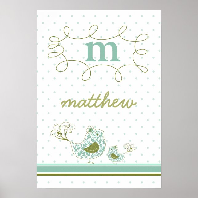 Póster fatfatin Blue Swirly Mom & Baby Bird Bird Kids Wal (Frente)