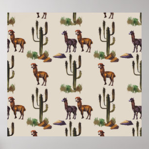 Póster Fauna alpaca de Llama, patrón acuarela.