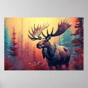Póster Fauna de Moose Vida Silvestre Wilderness Colorful 