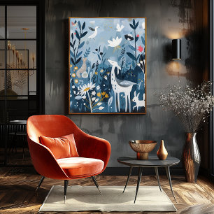 Póster Fauna en el Bosque: Paisaje Folk y Naive Colorido