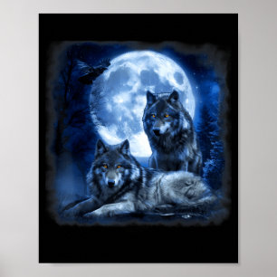 Póster Fauna lobo aullando luna bosque naturaleza salvaje