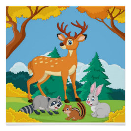 Póster Fauna Mapache Ardilla Conejo Ciervo Otoño Paisaje