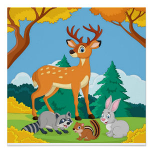 Póster Fauna Mapache Ardilla Conejo Ciervo Otoño Paisaje