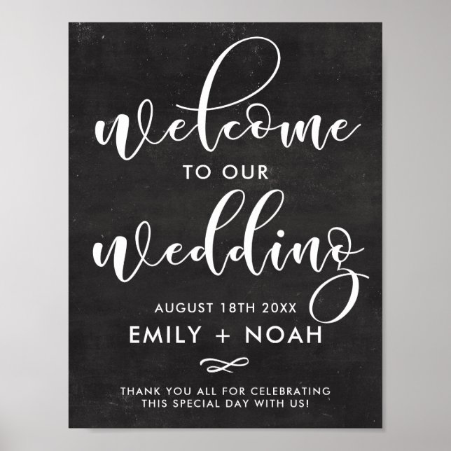 Póster Faux Chalkboard Rustic Script Welcome Boda Rótulo (Frente)