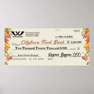 Póster Faux giant charity check autumn fall Thanksgiving