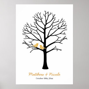Póster Faux Gold Birds Black Fingerprint Tree Boda
