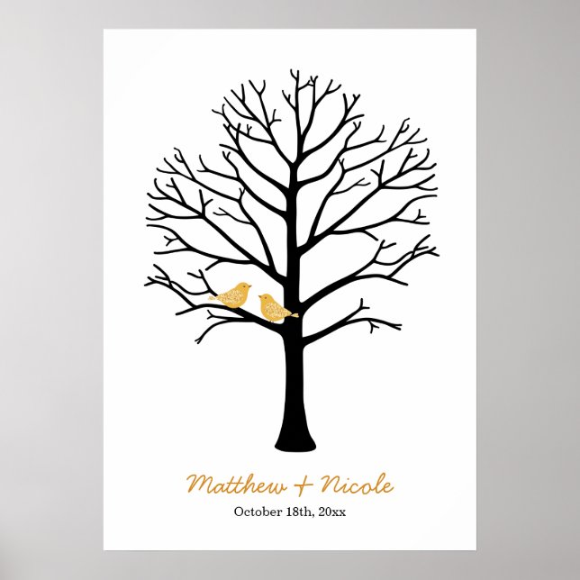 Póster Faux Gold Birds Black Fingerprint Tree Boda (Frente)