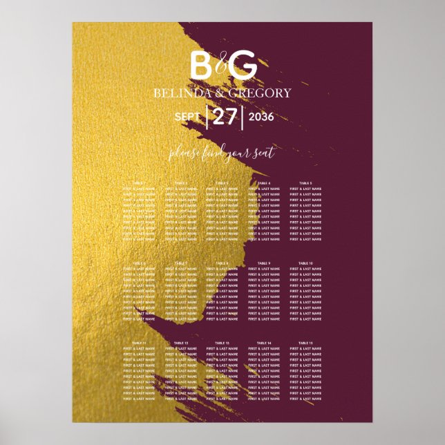 Póster Faux Gold Burgundy, gráfico de asientos para Bodas