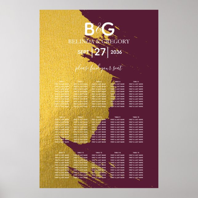 Póster Faux Gold Burgundy, gráfico de asientos para Bodas (Frente)