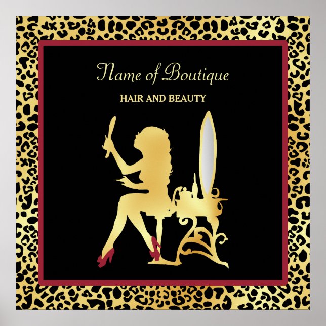 Póster FAUX Gold Leopard Print Woman Hair Boutique Rótulo (Frente)