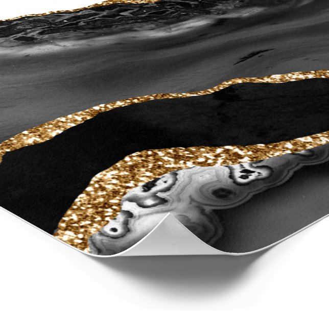 Póster Faux Marble Agate Black Stylish Stone Luxury Gold (Esquina)