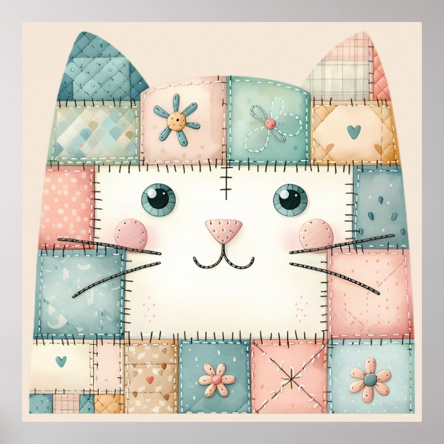 Póster Faux Patchwork Pastel Cottage Kitty Face (Frente)