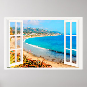 Póster Faux Window con Beach Ocean